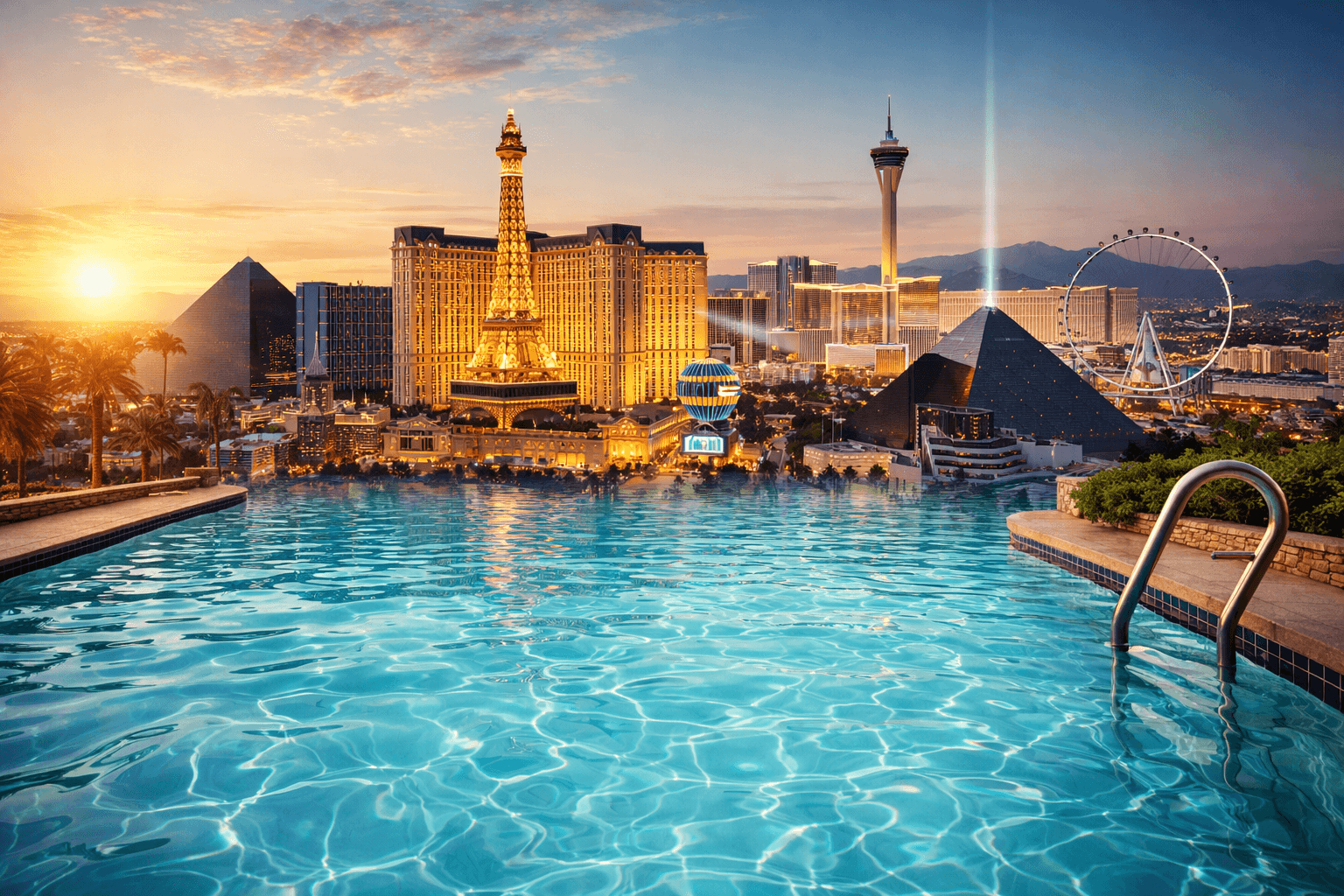 Crystal clear pool with Las Vegas strip skyline at golden hour