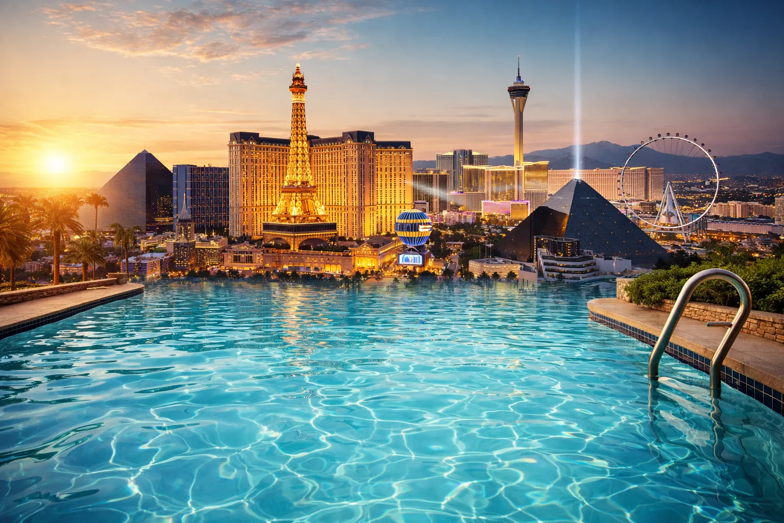 Crystal clear pool with Las Vegas strip skyline at golden hour